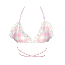 Load image into Gallery viewer, Lana Bikini Top, pink and white gingham print featuring white 3d frill trim. Designed and handmade in New Zealand by Mellow Kiti