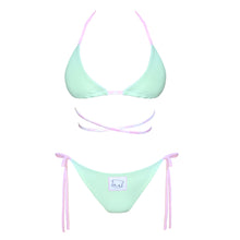 Load image into Gallery viewer, Matcha Bikini Set by the brand Mellow Kiti, handmade in New Zealand. Mint pastel two piece set.  Bikini bottoms feature Mellow Kiti logo patch.