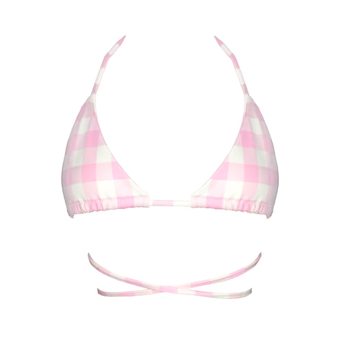 Cassie Bikini Top by the fashion brand Mellow Kiti. Designed & handmade in New Zealand. Pink & white gingham bikini top.