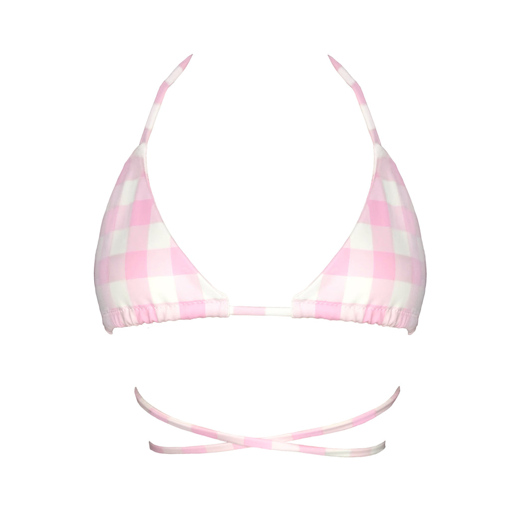 Cassie Bikini Top by the fashion brand Mellow Kiti. Designed & handmade in New Zealand. Pink & white gingham bikini top.