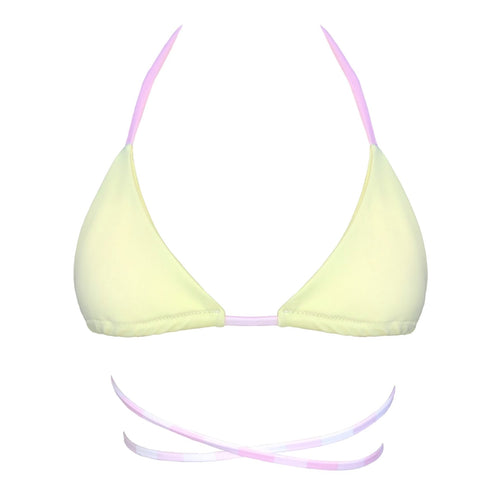 Iris Bikini Top by the brand Mellow Kiti. Handmade in New Zealand. Pastel lemon bikini top with pink ties featuring extra long wrap around waist tie measures approx 2.2 metres in length. Iris Bikini Top by the brand Mellow Kiti. Handmade in New Zealand. Pastel lemon bikini top with pink ties featuring extra long wrap around waist tie measures approx 2.2 metres in length.