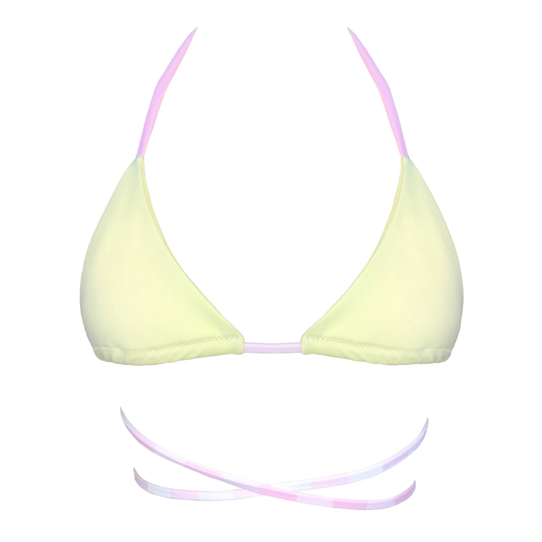 Iris Bikini Top by the brand Mellow Kiti. Handmade in New Zealand. Pastel lemon bikini top with pink ties featuring extra long wrap around waist tie measures approx 2.2 metres in length. Iris Bikini Top by the brand Mellow Kiti. Handmade in New Zealand. Pastel lemon bikini top with pink ties featuring extra long wrap around waist tie measures approx 2.2 metres in length.