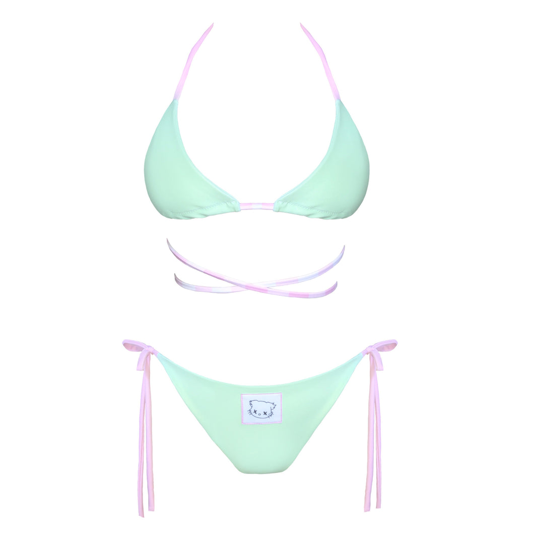 Matcha Bikini Set by the brand Mellow Kiti, handmade in New Zealand. Mint pastel two piece set.  Bikini bottoms feature Mellow Kiti logo patch.