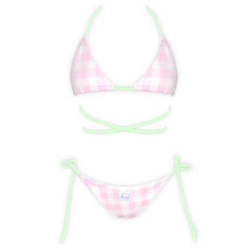 Meadow Bikini Set, two piece set featuring pink & white gingham print, pastel mint bikini ties & signature Mellow Kiti logo patch. Designed & handmade in New Zealand