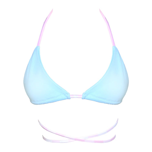 Siren Bikini Top by the brand Mellow Kiti. Handmade in New Zealand. Pastel sky blue bikini top with pink ties featuring extra long wrap around waist tie measures approx 2.2 metres in length.