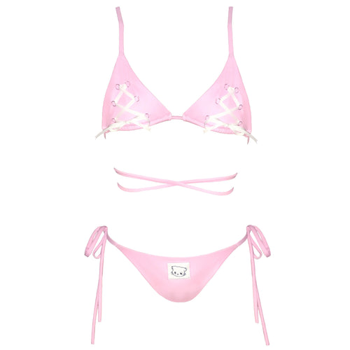 Willow Bikini Set by the brand Mellow Kiti, pink lace up bikini set