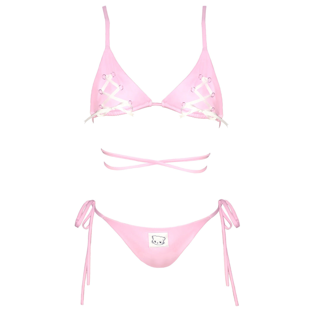 Willow Bikini Set by the brand Mellow Kiti, pink lace up bikini set